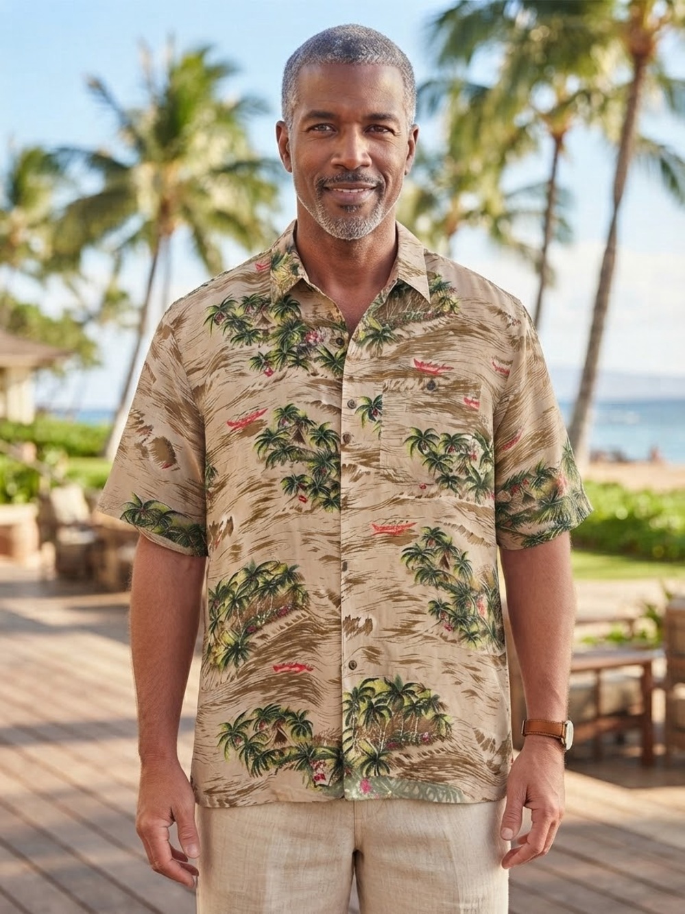 Silk Traders Hawaii Mens 100% Silk Tropical Palm Tree Beach Camp Shirt Beige XL